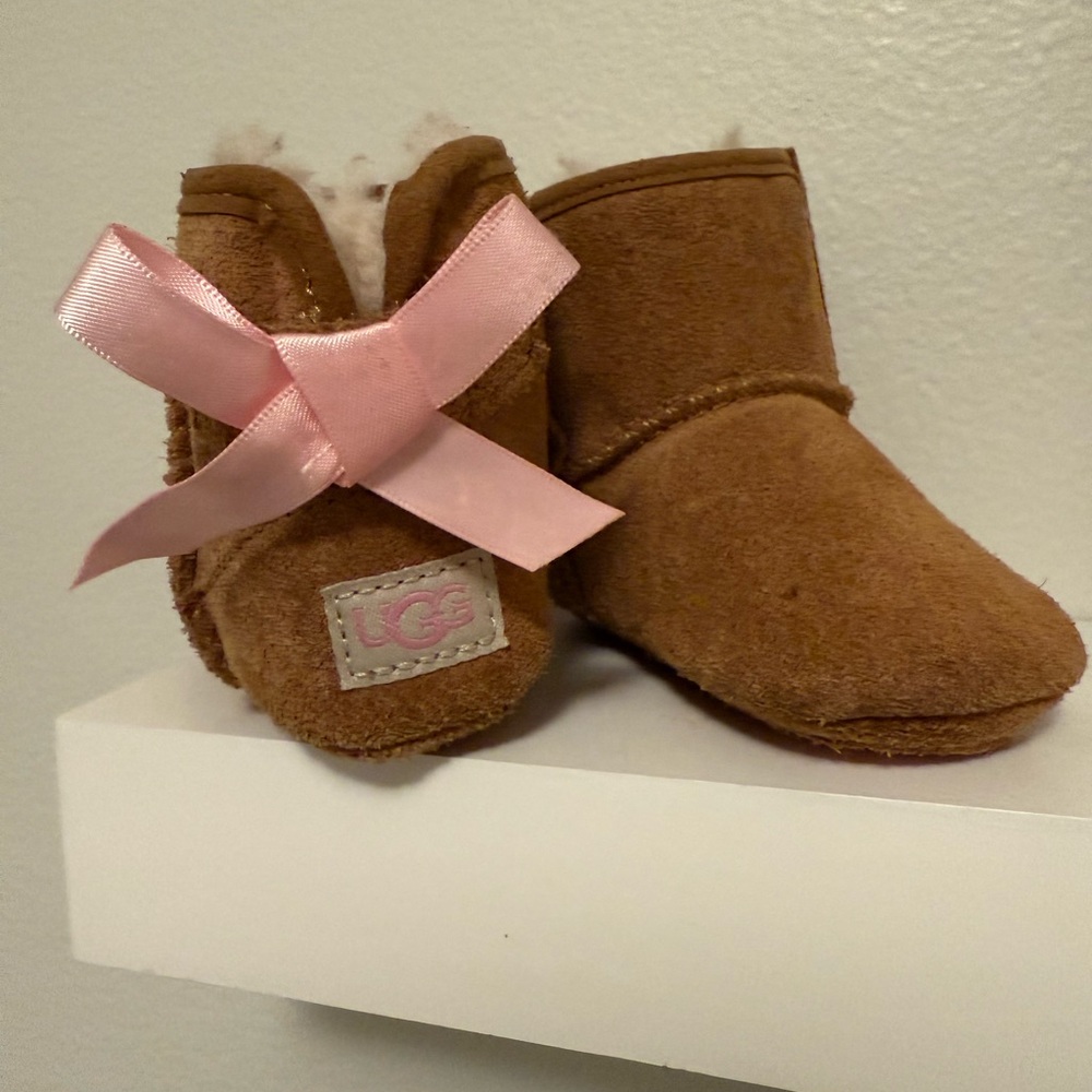 UGG Brown Suede Baby Boots with Pink Bow